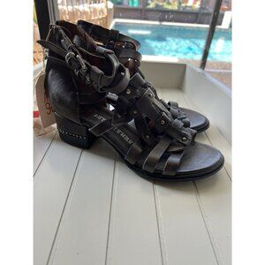 A.S. 98 Maeve Gladiator Leather StuddedBlock Heel Sandal EU Size 38 US 7